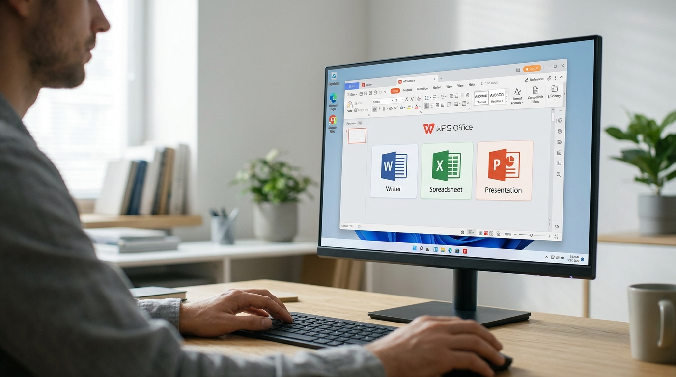 WPS Office桌面端界面展示,包含文字、表格和演示图标,强调其效率工具与格式兼容性